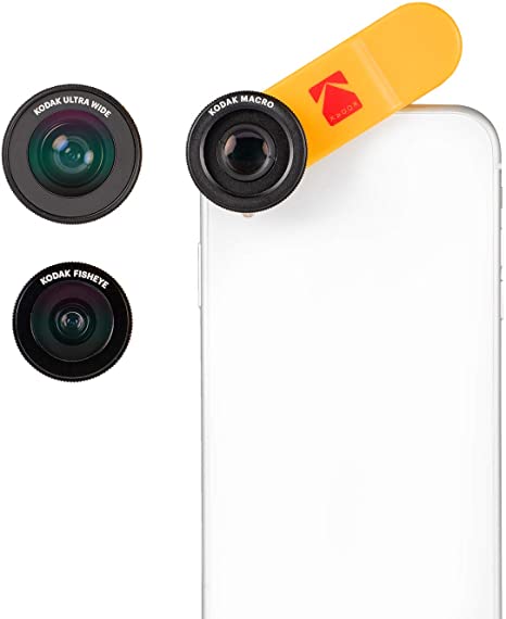 KODAK 3-in-1 Smartphone Lens Set Consisting of A 100° Wide-Angle, 15X Macro and 170° Fisheye Lens (Universal Clip Mount, Also Works with Multicams & Front Cameras) - KPA001