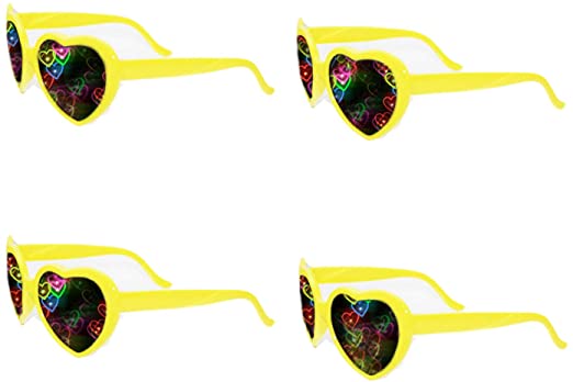 Awaqi 4 Packs Rainbow Hearts Fireworks Diffraction Glasses Special Effect Light for Outdoor Music Party/Bar/Fireworks Displays/Holiday Lights/Club/Concert Lights (Yellow)
