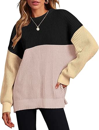 Zeagoo Women 2024 Fall Sweater Crew Neck Casual Long Sleeve Color Block Loose Pullover Rib Knit Blouse Tops XS-XXL