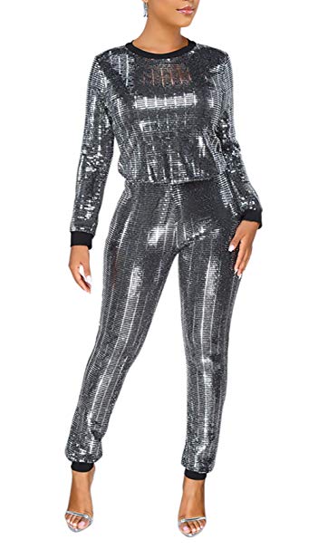 Two Piece Night Club Outfits for Women Long Sleeve Top Metallic Shiny Pants Bodycon Jumpsuit