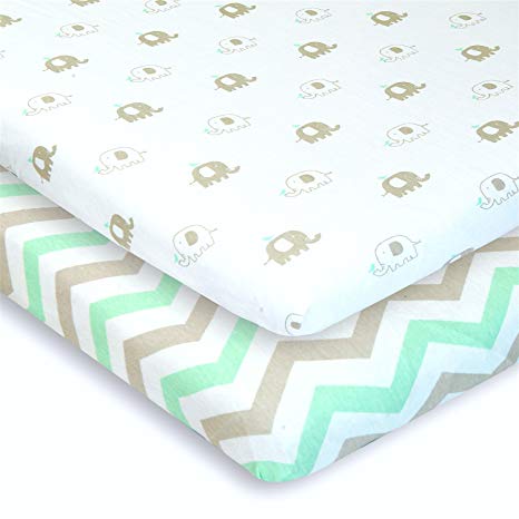 Bassinet Sheets Set 2 Pack for Boy & Girl by Cuddly Cubs | Soft & Breathable 100% Jersey Cotton | Fitted Elastic Design | Mint & Grey Chevron & Elephants | Fits Oval, Halo, Chicco Lullago, Arms Reach