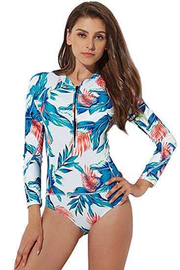 Macool Swimsuit for Women One Pieces Floral Pattern Rash Guard Bathing Suit High Waisted Long Sleeve Swimmer