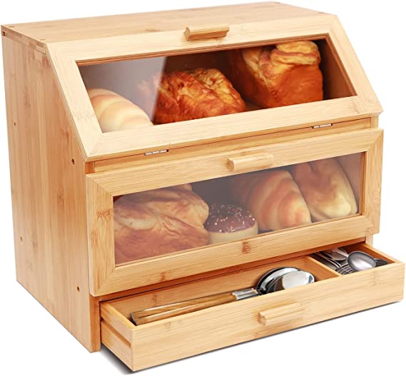 Bread Box Kitchen Storage Container: Ohuhu Extra Large Breads Keeper Holder Bin for Countertop - Vintage Bamboo Breadbox Organizer with Lid Window Drawer Type Mothers Day Gift