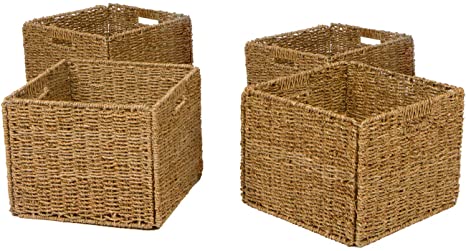 12.7" Foldable Seagrass Storage Basket with Iron Wire Frame by Trademark Innovations (Set of 4))
