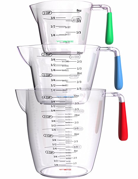 Vremi 3 Piece Plastic Measuring Cups Set - BPA Free Liquid Nesting Stackable Measuring Cups with Spout and Decorative Red Blue and Green Handles - includes 1, 2 and 4 Cup with Ml and Oz Measurement