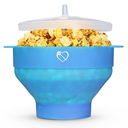 Live Healthy Microwave Popcorn Popper [Collapsible] [Heat Safe Side Handles] No Oil required, [BPA PVC Free] Silicone Popcorn Maker with lid [Dishwasher safe] Blue