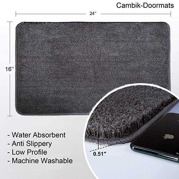 Cambik Indoor Bathmat Bedroom mat Kitchen mats Doormat Dust Scraper Absorbent Rubber Backing Anti Slippery Doormat Dark Grey Color 16X24 Inch