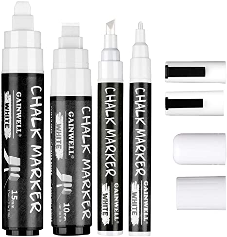 4 Pack White Chalk Markers - Reversible Jumbo and Fine Tips - 3mm, 6mm, 10mm, 15mm - Use on Chalkboard, Whiteboard, Glass by GAINWELL