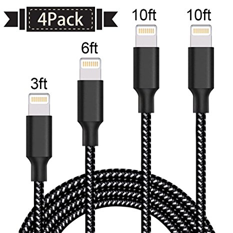 Lightning Cable,ONSON Charger Cables 4Pack 3FT 6FT 10FT 10FT to USB Syncing and Charging Cable Data Nylon Braided Cord Charger for iPhone 7/7 Plus/6/6 Plus/6s/6s Plus/5/5s/5c/SE and more-BlackWhite