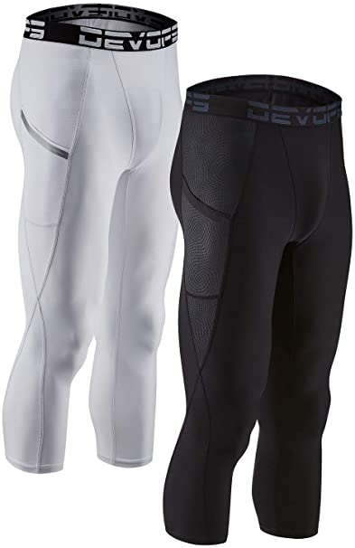 DEVOPS Men's 3/4 (2 Pack) Compression Cool Dry Tights Baselayer Running Active Leggings Pants