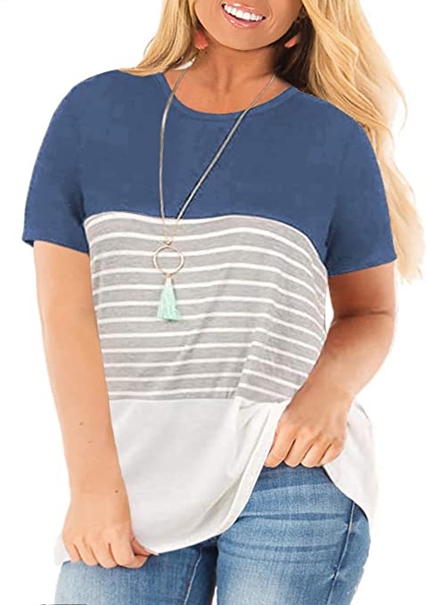 VOGRACE Women-Plus-Size-Tops Summer T Shirts Color Block Tee Striped Tunics