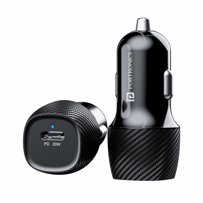 Portronics Car Power 18 Car Charger Adapter with 20W PD Type C Port Fast Charging Compatible with iPhones, Android Smartphones, Tablets & More(Black)