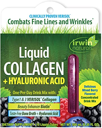 Irwin Naturals Liquid Collagen   Hyaluronic Acid with Biotin   Advanced Wrinkle Combating Verisol Type 1 & 3 Taste-Free Bone Broth - Mixed Berry Flavor - 10 Liquid Tubes