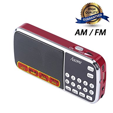 Aocome Portable Mini AM FM Radio Clear Speaker Music Player, Micro SD/TF Card Slot, USB Charging Cord, Rechargeable Li-ion battery, Earphone Jack (BM8 Red)