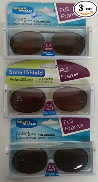 3 SOLAR SHIELD Clip-on Polarized Sunglasses Size 52 rec 2 Brown Full Frame NEW