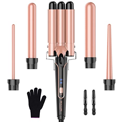 BESTOPE Curling Iron 3 Barrel Hair Waver Curling Wand Set 5 in 1 Waver Iron 0.35"-1.25" Interchangeable Ceramic Barrel, Instant Heating Up & Temperature Control, Include Glove and 2 Hair Clips