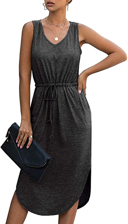 Longwu Women's Casual V-Neck Sleeveless/Short Sleeve Side Split Drawstring Waist Midi Length Vest Dress with Pocket