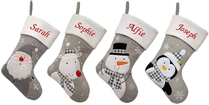 D3 Personalised Embroidered Silver Luxury Deluxe Christmas Stockings (Santa)