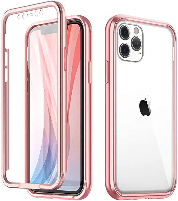 SURITCH Clear Case for iPhone 11 Pro, [Built in Screen Protector][Tempered Glass Back][Metallic Electroplated] Shockproof Full Body Protection Silicone Bumper Cover for iPhone 11 Pro 5.8"(Rose Gold)
