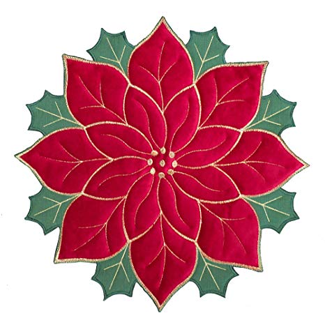 Skrantun Placemats Set of 4,Applique Poinsettia Red with Green Embroidered Flower Double Flannelette Placemats for Home Holiday Christmas Table Top Decoration,Round14inch