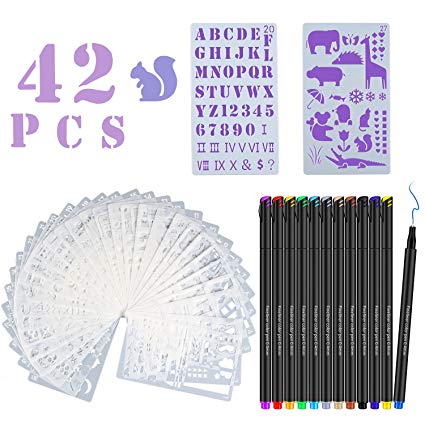 TEOYALL 30 PCS Journal Planner Stencils Drawing Templates Set   12 Color Fineliner Pens Scrapbook Supplies (Stencils Pens)
