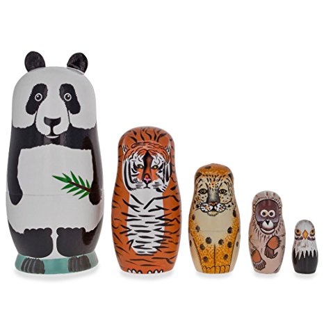 5.5" Panda, Tiger, Leopard & Bold Eagle Endangered Animals Wooden Nesting Dolls