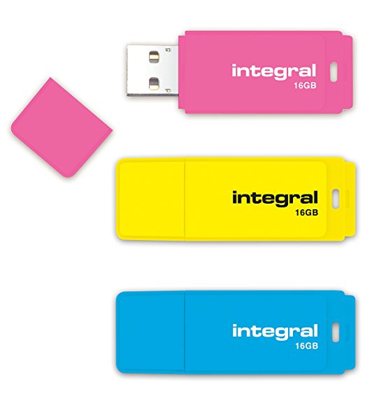 Integral 16 GB Neon USB 2.0 Flash Drive (Pack of 3)