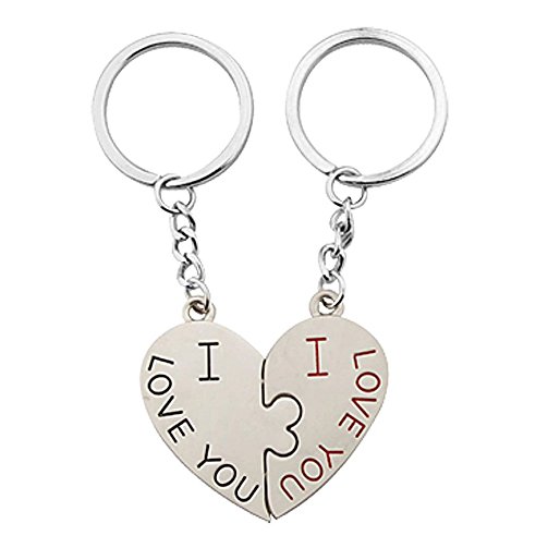 I Love You Design Pair Couple Key Chain with Heart Pendant