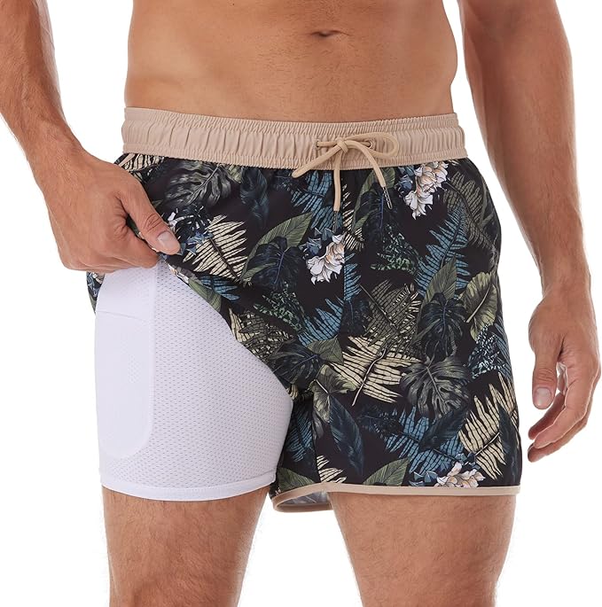 BRISIRA Short Mens Swim Trunks Vintage Swim Trunks Men 4in Inseam 8090s Stretch Swim Shorts Compression Liner Large Pockets