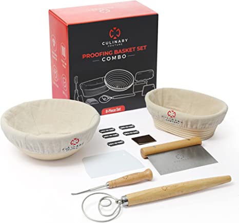 Premium Banneton Bread Proofing Basket Set - 1 Round 9" and 1 Oval 8" Bread Basket with Liners and bread making tools - Sourdough Proofing Baskets - Bread & Sourdough Starter Kit by Culinary Couture