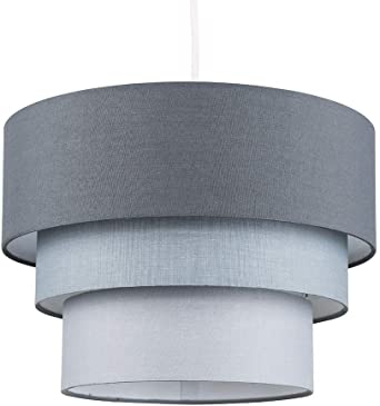 Round Modern 3 Tier Dark & Pale Grey Fabric Ceiling Designer Pendant Lamp Light Shade