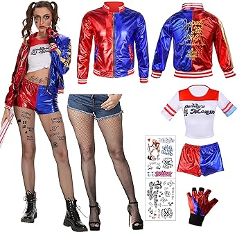 WELLCHY Quinn Kostüme für Erwachsene, Quinn Kostüm Cosplay Costume Set Quinn Tattoo Joker, Jacke, Shorts, T-Shirt, Handschuh, Netzstrümpfe für Karneval Halloween Cosplay