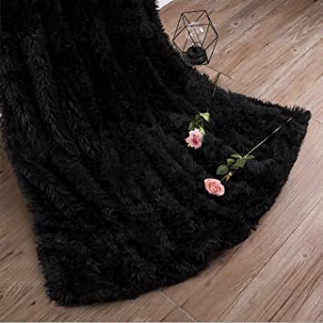 Wondo Faux Fur Throw Blankets Fuzzy Ultra Soft Cozy Fluffy Blanket Luxury Long Hair Home Decor & Shaggy Bed Throws for Sofa Couch (Black, 50x60 inch)
