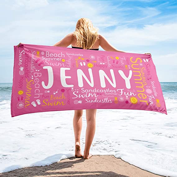 Personalized Beach Towels for Women Kids Girls Boys Adults Men. Custom Name Beach Towel with Name Mermaid Flamingo Pineapple Shark Honeymoon Basketball Baseball Summer Gifts (Summer-Pink, 32" x 64")