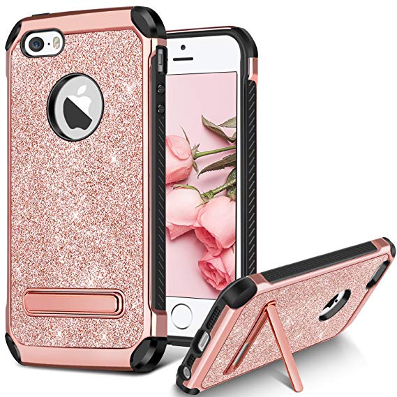 BENTOBEN Case for Apple iPhone SE/iPhone 5S / iPhone 5, Dual Layer Hybrid Heavy Duty Shockproof Protective Rugged Kickstand Phone Case Glitter Bling Sparkly Faux Leather Girl Women Cases, Rose Gold