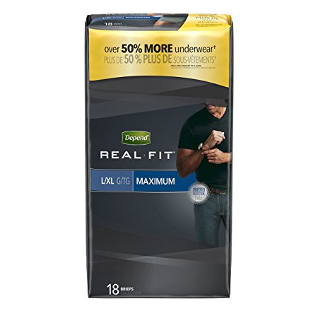 Depend Real Fit Incontinence Briefs for Men, Maximum Absorbency, L/XL, 18 Count