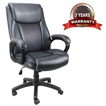 Mysuntown Executive Office Chair - High Back Bonded Leather Swivel Chair with Padded Arms & Lumbar Support for Big Tall Users, Ergonomic Adjustable Reclining Task Desk Computer Chair (Grey)