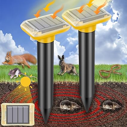 Ultrasonic Mole Repellent Outdoor, 2024 Solar-Powered Gopher Mole Repellent for Lawn, Waterproof Mole Killer Traps for Yard, Effectively Repels Gophers Snake Chipmunks Voles Groundhogs（2pack-Yellow）