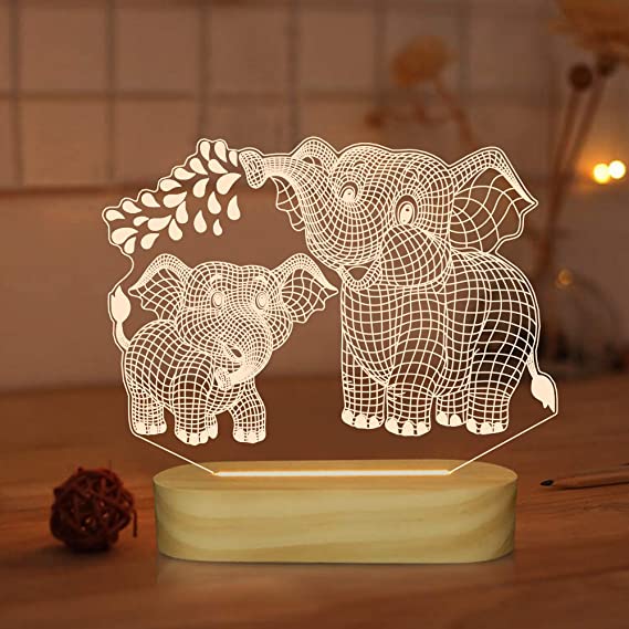 Elephant 3D Lamp, LED Illusion Night Light USB Warm Colors Wooden Lamp Base for Kids Baby (Elephant)