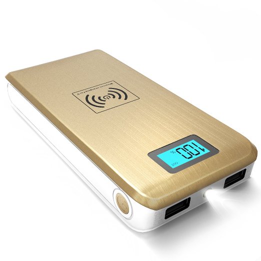 Qi Wireless Power Bank Dual USB Portable ActionPie TM 12000mAH External Battery Charger Smart LCD Display and LED Flashlight Backup Charger 21Amp Input Fast Charging golden