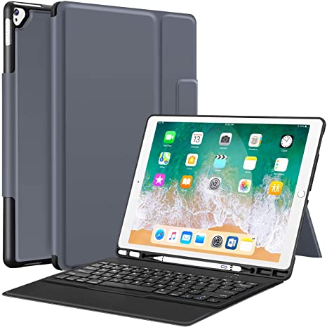 Sounwill ipad pro 12.9 Case with Keyboard Compatible for ipad pro 12.9" 2015/2017, Ultra-Thin PU Leather Silicon Rugged Shock Keyboard Stand Case with Pencil Holder (Not Fit for 2018 New ipad)-Gray