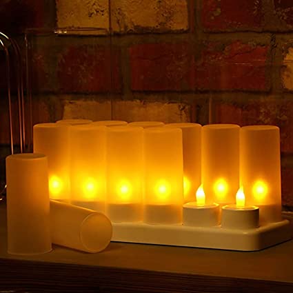 Flameless Candles 12 Pieces Rechargeable Tea Candles LED Flickering Tea Lights, 12 Frosted Cups with Charging Base for Valentine's Day Christmas Wedding Outdoor Party Decor