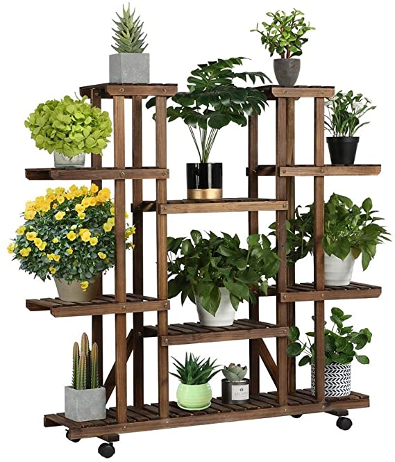 Yaheetech 6 Tier Wood Plant Rack Stand Shelf - Planter Flower Pots Shelves Holder Stand Indoor Outdoor for Multiple Plants Display Carbonized Solid Wood