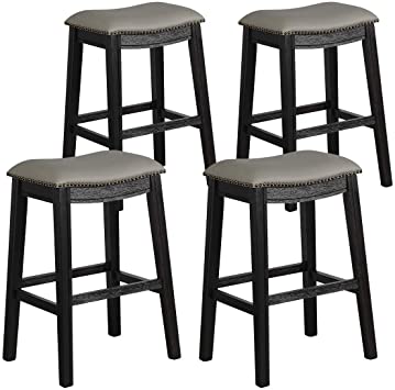 COSTWAY 29 Inch Bar Height Saddle Stool Set of 4, Backless Stool with Cushioned Seat, Sturdy Rubber Wood Structure with Humanized Footrest, Easy Assembly Ideal for Home Kitchen Pub (Black Grey, 4)