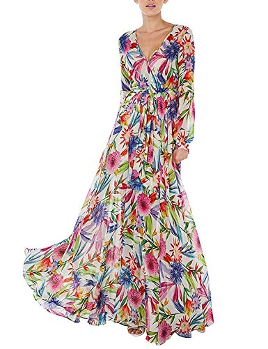ASMAX HaoDuoYi Women's Tropical Floral Print Pleated Tunic V Neck Wedding Maxi Dress