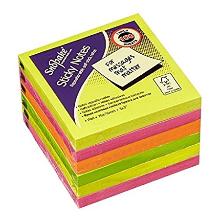 Snopake 76x76mm Sticky Notes - Neon (Pack of 6 , 100 Sheets per Pad)