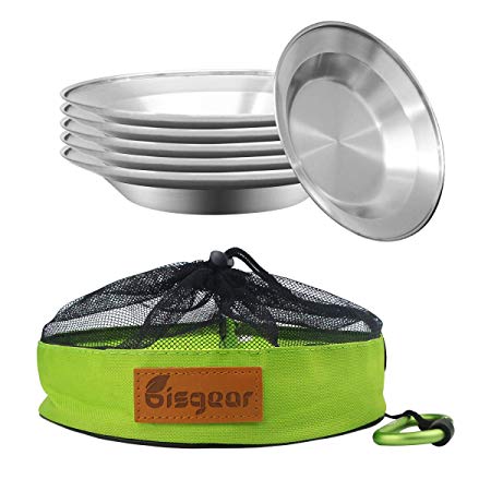 Bisgear Camping Stainless Steel 8.5 inch Kitchen Dinner Plate Pack of 6   Carabiner   Dishcloth Mess kit Outdoor Dinnerware Set BPA Free Round Plates for Backpacking, Hiking, Picnic & BBQ