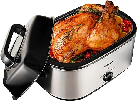 HEYNEMO Turkey Roaster Electric, 24 Quart Oven with Self-Basting Lid, Removable Pan and Rack, Adjustable Temperature Control Powerful 1450W Stainless Steel Oven, Silver