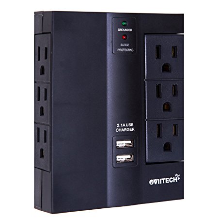 OviiTech Multi-Functional Charging Station: Surge Protector,6-Outlet Side-entry Swivel Wall tap with 2 USB (2.1AMP) Charging Ports, 1000 Joule Surge Suppressor