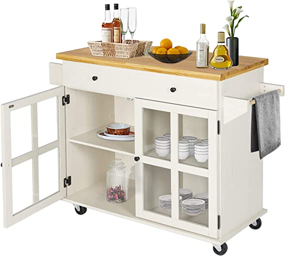 LAZZO Kitchen Island on Wheels Rolling, Home Kitchen Cart with Pine Countertop, Large Storage Trolley Cart with Cabinet, Drawer, Spice Rack, Towel Rack&Handle,Store Dining Utensils&Tableware (Beige)